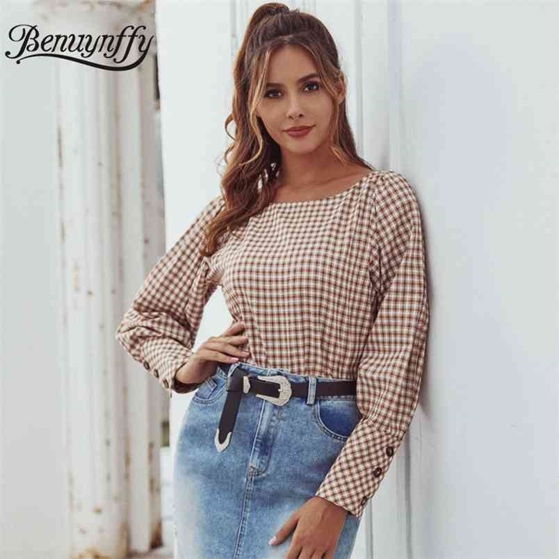 Vintage Square Collar Plaid Blouse Women Autumn winter Casual Office Long Lantern Sleeve Elegant Ladies Tops 210510