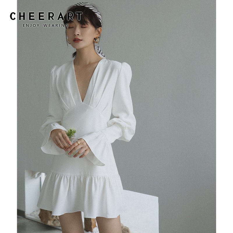 White Deep V Neck Tunic Flare Sleeve Ladies Dress Long Ruffle Korean Style Mini Women Clothing 210427