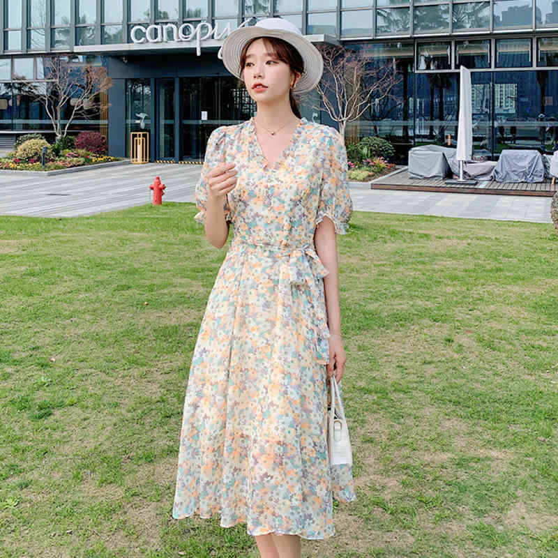 Prairie Style A-Line Chiffon Dresses For Women Oil Paint Floral Prints Dress Summer V-neck Short Sleeves Dress Vestidos 210515