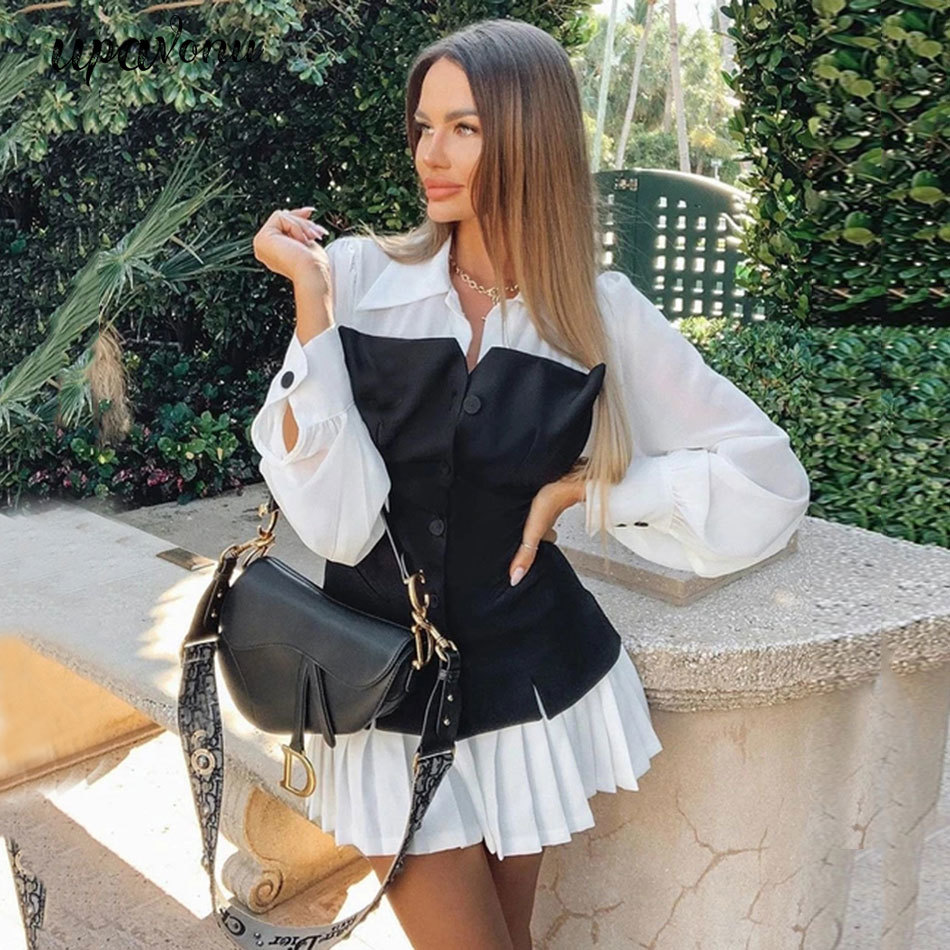 Free Fashion Women Bodycon Dress Lapel Lantern Sleeve Black and White Stitching Draped Sexy Party 210524