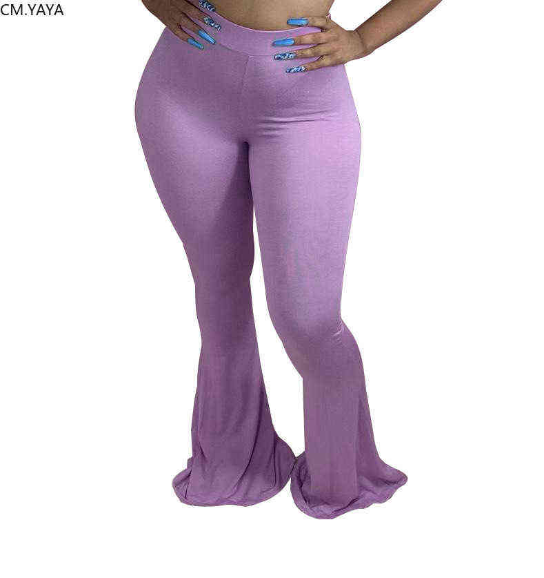CM.YAYA Casual S-4XL Plus Size Women Elastic Wide Leg Flare Pants Leggings High Waist Trousers Draped Jogger Sweatpants 211115