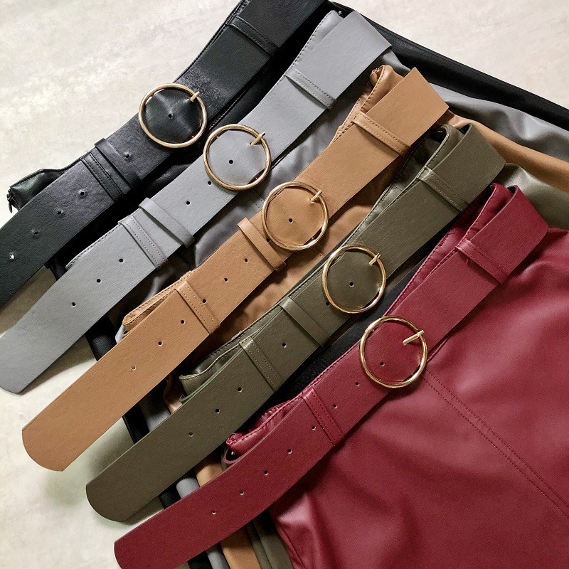 Autumn Winter Pu Leather Skirt Metal Splicing A- line womens within belt midi PU Long Women 210508