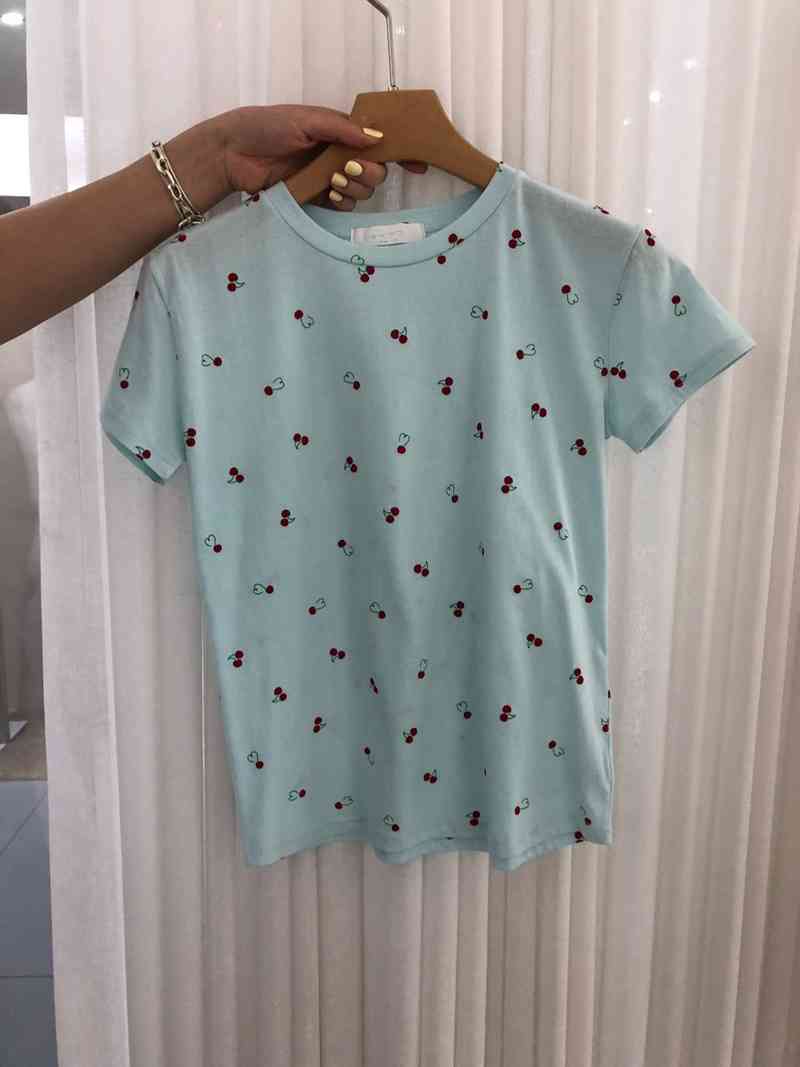 Summer Sweet Cotton Pink O Neck Short Sleeve Cherry Print Tshirts Women Wild Tops & Tees Clothes Fashion Chic Basic Simple 210429