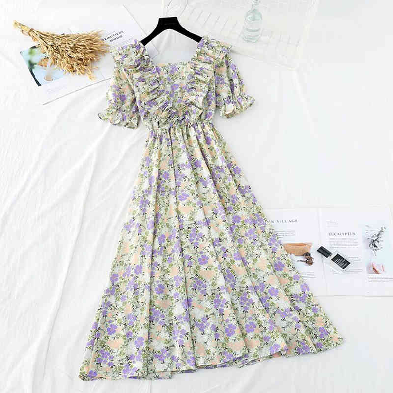 Purple chiffon dress Elegant V-neck Short Sleeve Women A-line Floral print Midi Dress Female Elastic Waist Party Vestidos 210521