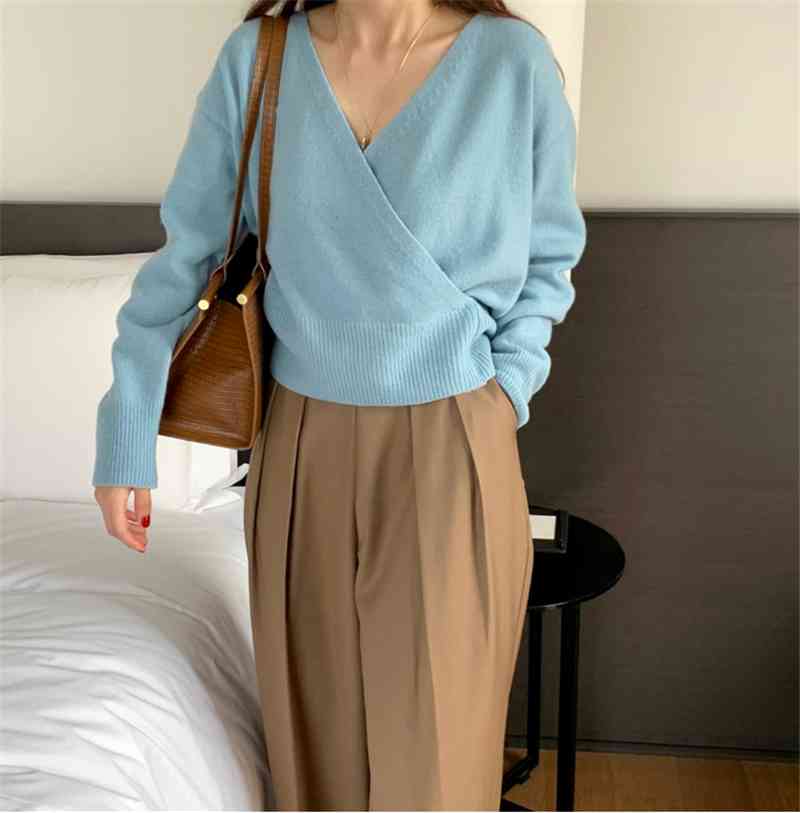 Autumn Winter Elegant Sweater Office Lady Work Pullovers V-Neck Long Sleeve Loose Knitted Sweaters Women's Tops 210421