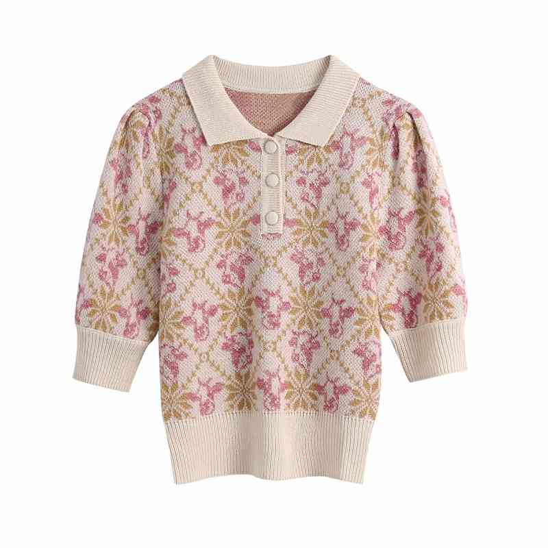 Vintage Women Animal Jacquard Sweaters Fashion Ladies Knitted Tops Elegant Female Chic Turn Down Collar Pullovers 210430