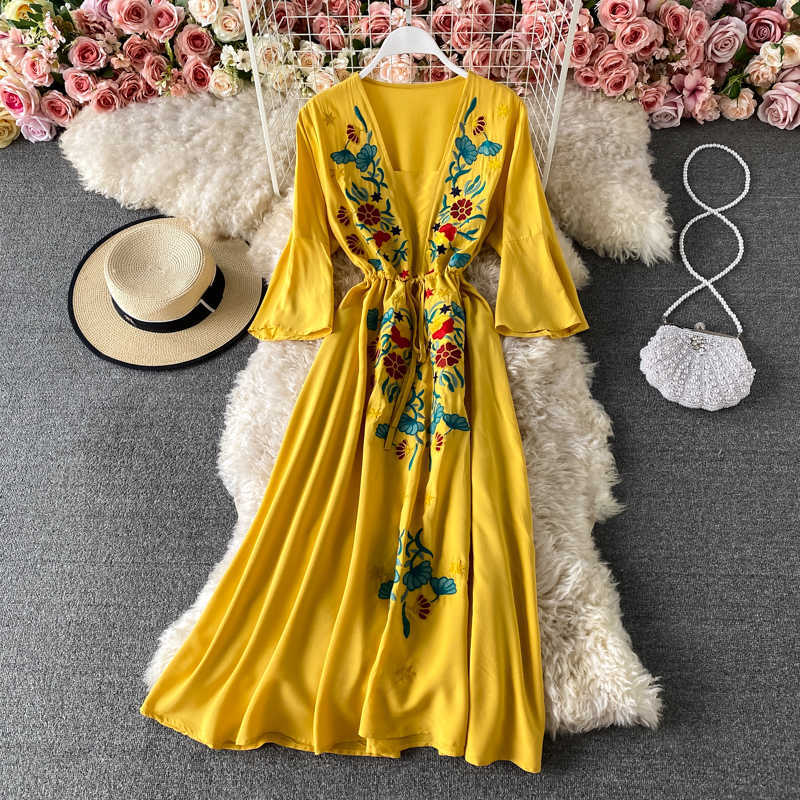 LY VAREY LIN Spring Summer Women V-neck Embroidery Midi Dresses Casual Flare Sleeve Bohemian Female 210526