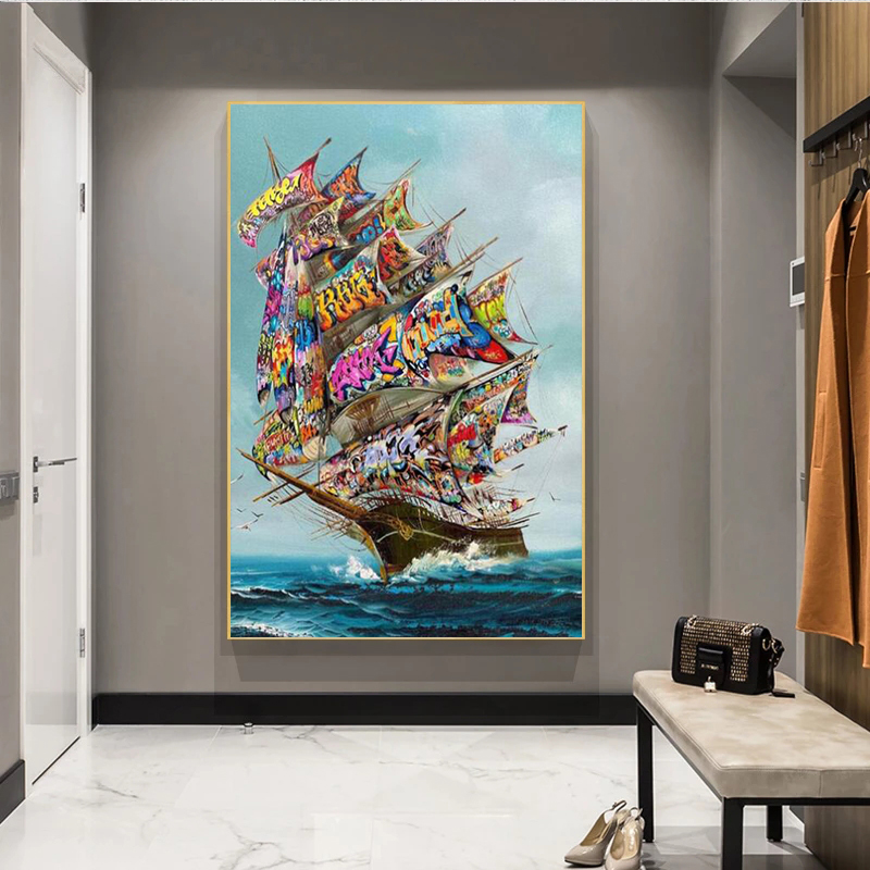 Storm on The Sea Graffiti Art Pirate Ship Vintage Canvas Painting Posters and Prints Living Room Art Wall Decoration Painting