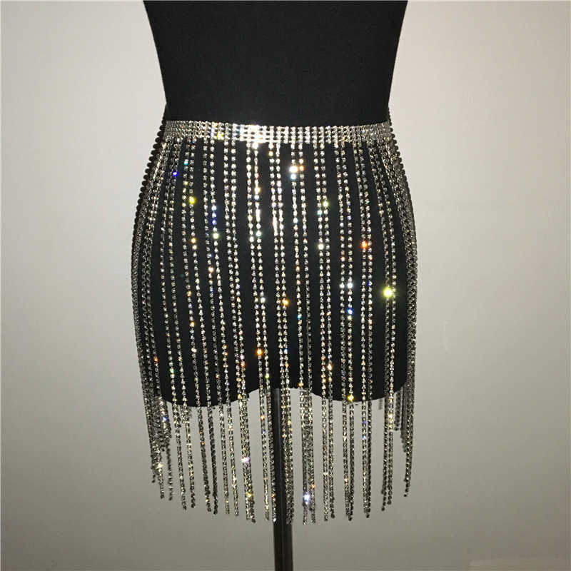 Chic Diamante Skirt Sexy Hollow Out Patchwork Shiny Tassel Metal Link Chain s Music Festival Lady Fashion 210621
