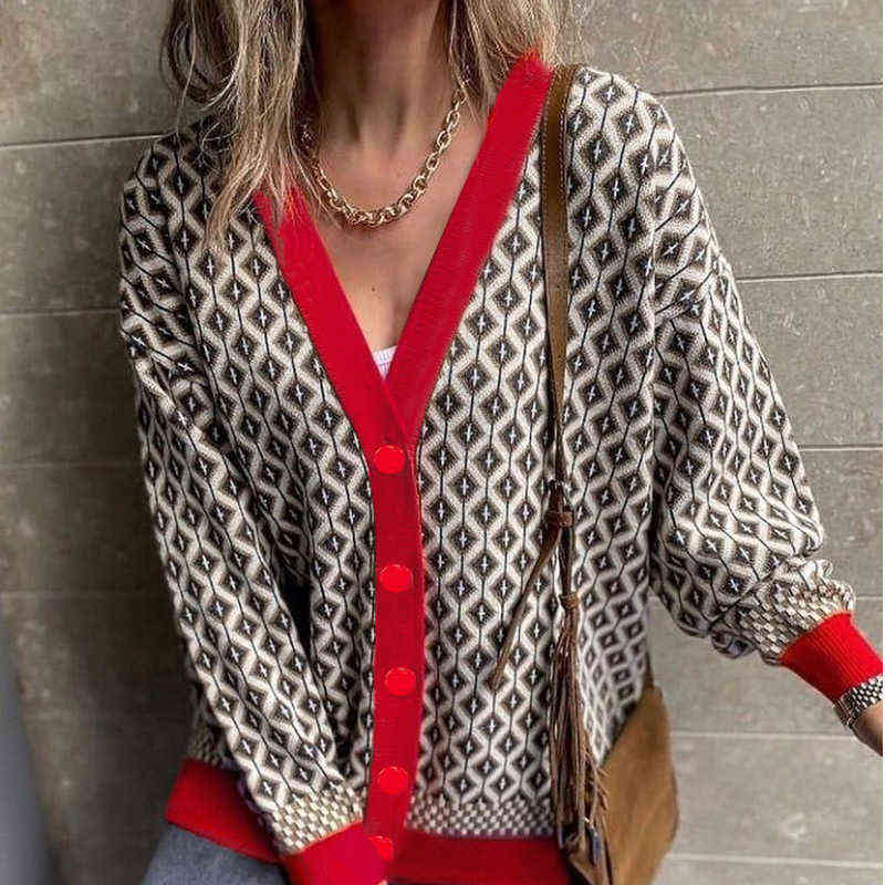 Women V Neck Knitted Cardigans Sweater Pink Houndstooth Knit Cardigan Long Sleeve Fashion Autumn Oversized Jumper 211109
