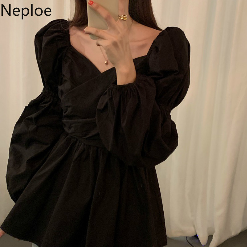 Neploe Chic Vintage Blouses Women V-neck Cross Pleated Shirt Slim Waist Sweet Puff Sleeve Blousse Tops Korean Elegant Blusas 210422