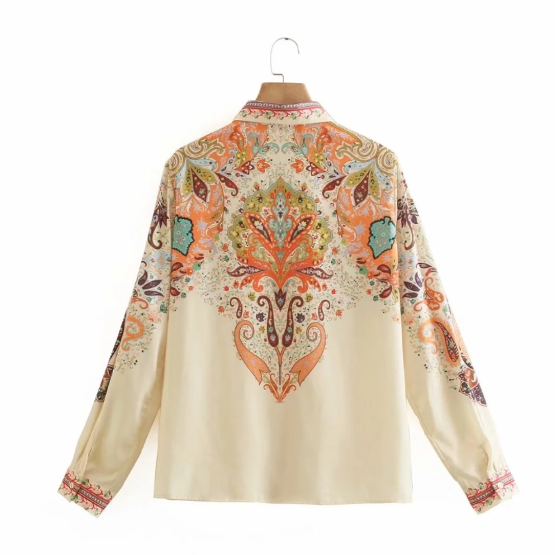 Vintage Women Placement Print Turndown Collar Blouse Female Long Sleeve Shirt Casual Lady Loose Tops Blusas S8877 210430