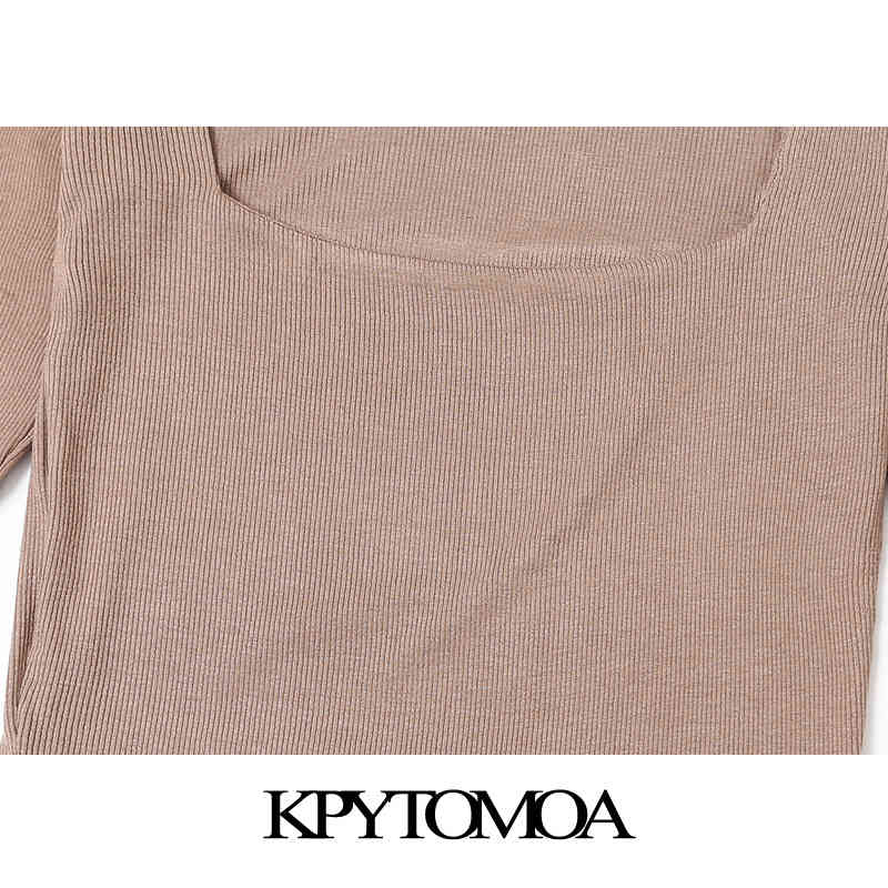 Women Chic Fashion Fitted Cropped Knitted T-Shirt Vintage Square Collar Long Sleeve Female Tops Mujer 210416