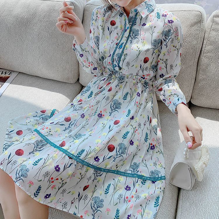 Spring Casual Vintage Floral Printed Shirt Dresses For Women Long Sleeve Loose Ruffles Elegant Bow Chic Dress Lady Clothes Femme 210515