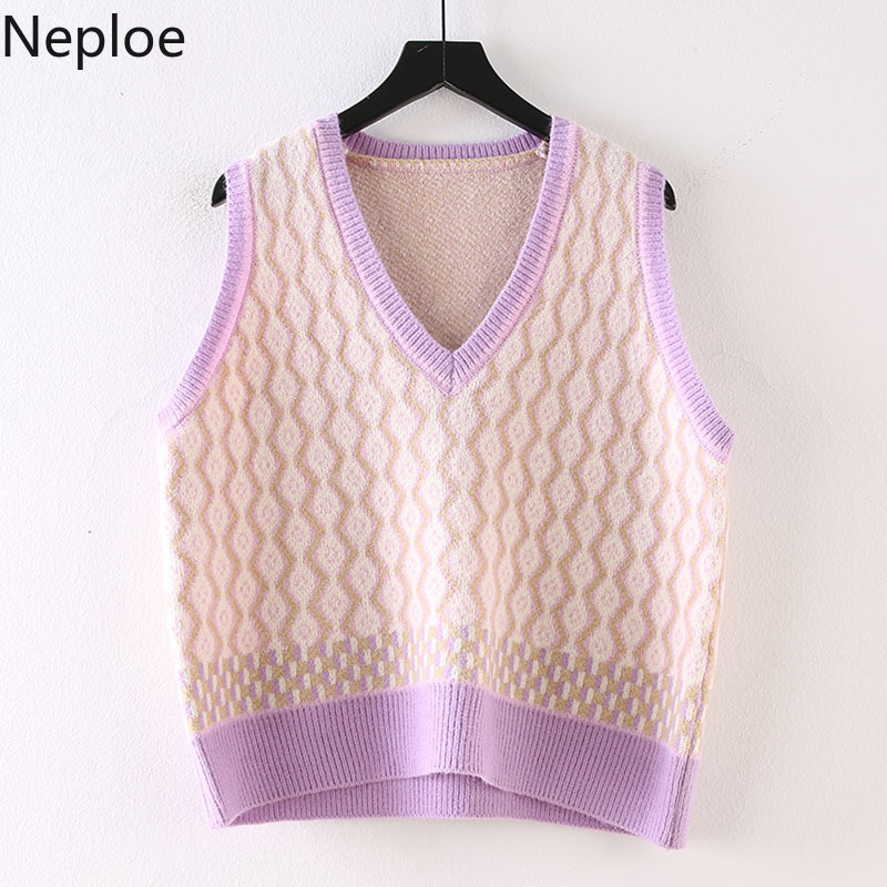 Neploe Vintage Crochet Floral Sweaters Vest Women V-neck Sleeveless Knitted Pullovers Waistcoat Loose Plaid Tank Tops Female 210422