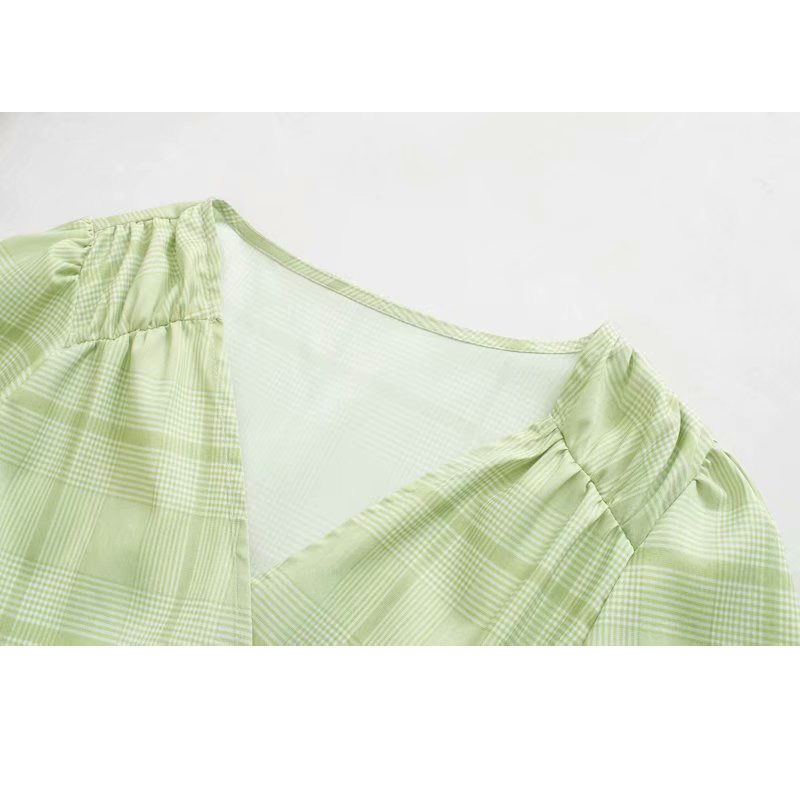 Plaid Pleated V-Neck Tie Summer Fishtail Haruku Dress Beach Vacation