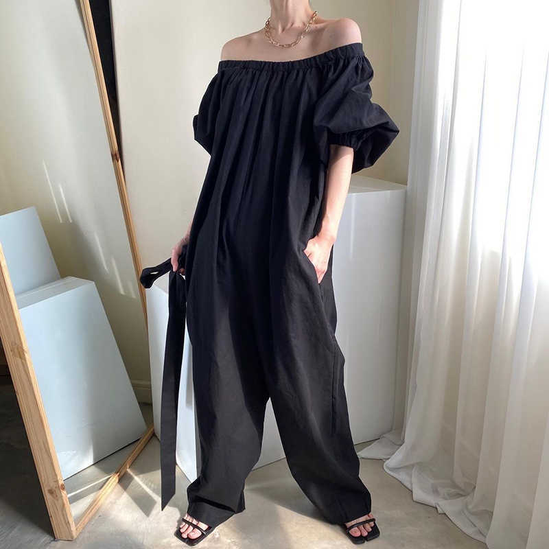 Korejpaa Women Jumpsuits Summer Korean Chic Temperament One-Word Collar Leaky Shoulders Folds Lace-Up Wide-Leg Jumpsuit 210526