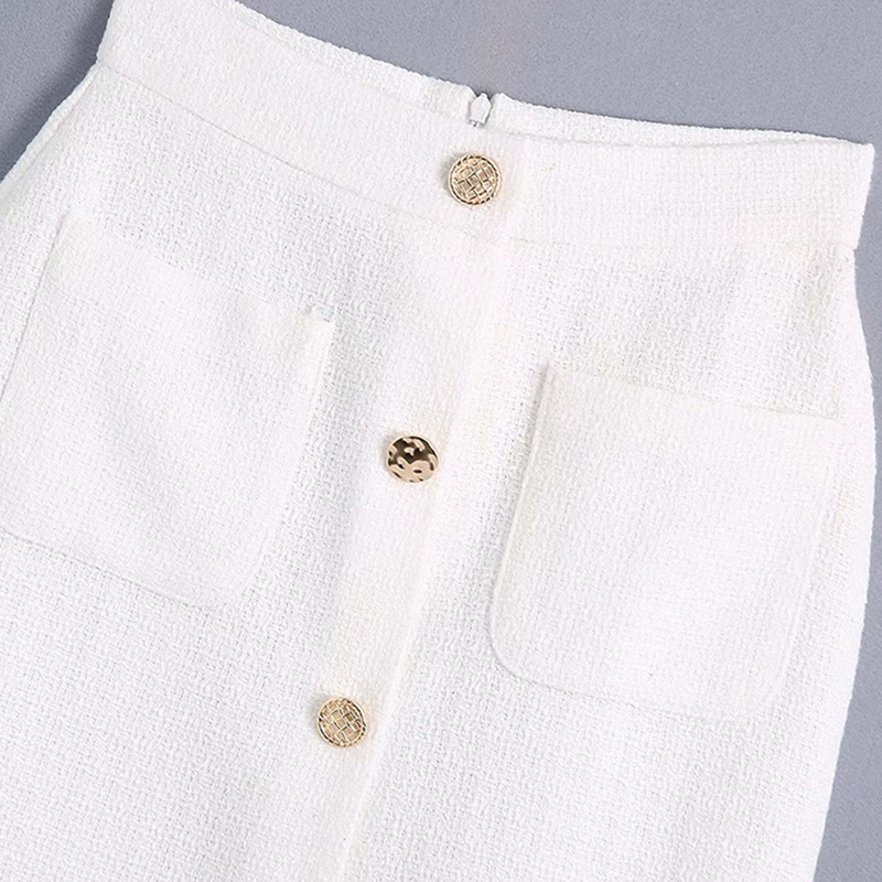 Women Vintage Pocket Patch Breasted Tweed Woolen Split Slim Skirt Faldas Mujer Ladies Back Zipper Chic Vestido 210521