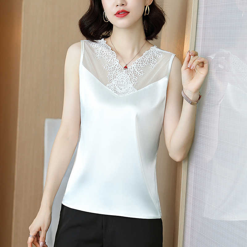 Korean Fashion Satin Tank Top Women Lace Sleeveless Plus Size XXXL/5XL Office Lady 210531