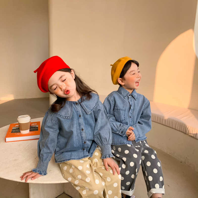 Spring fashion thin denim shirts brother and sister long sleeve turn-down collar shirt all-match base Tops 210713