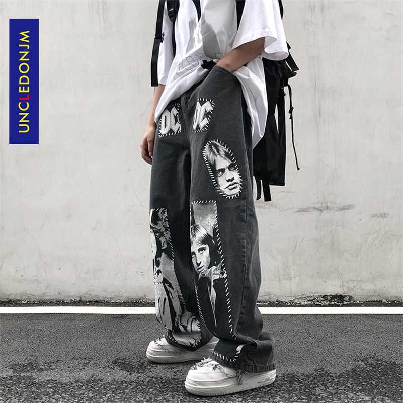 UNCLEDONJM High Street Patchwork Printed Jeans Ins Hip Hop Wide Leg Pants Men hip hop jeans men 211120
