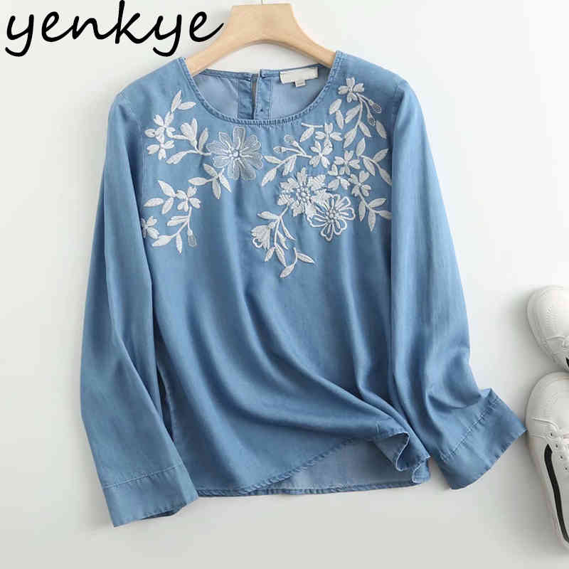 Floral Embroidery Vintage Blue Denim Blouse Women O Neck Long Sleeve Casual Loose Summer Tops Plus Size blusas 210430