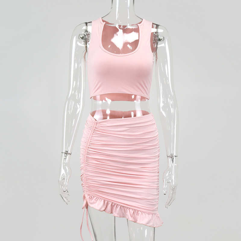 Colysmo Mini Skirts Two Piece Set Women Sleeveless Crop Tops Ruffles Drawstring Pleat Ruched Bodycon Sets Summer 2 210527