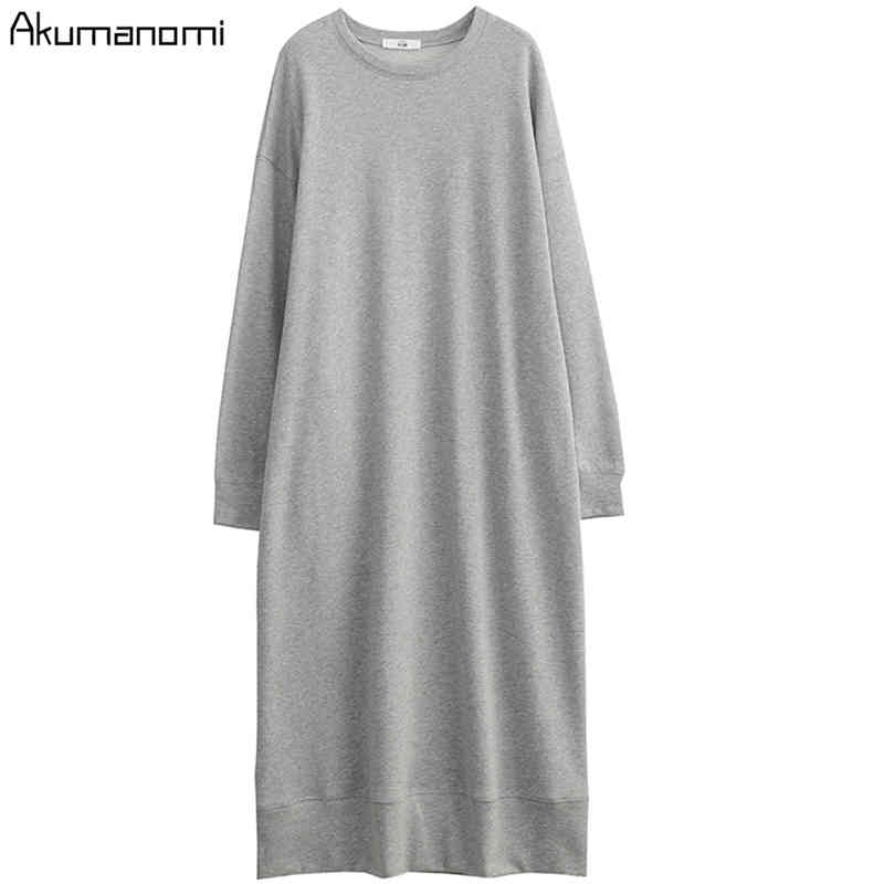 autumn spring plus size maxi dresses for women xxxl 4xl 5xl 6xl 7xl gray o neck long sleeve Casual fall dress with pockets 210409