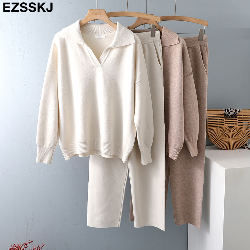 2 Pieces Set Women oversize Tracksuit polo collar Sweater Pullover straight pants CHIC Knitted Outwear sweater suit 220315