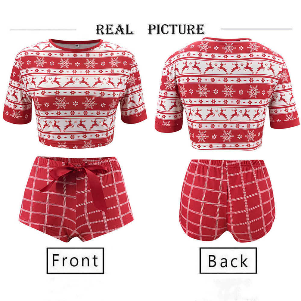 Autumn Christmas Print Suits Women Fashion O Neck Short Sleeve Crop Top+Sexy Shorts 2 Piece Sets Party Pajamas Outfits 210526
