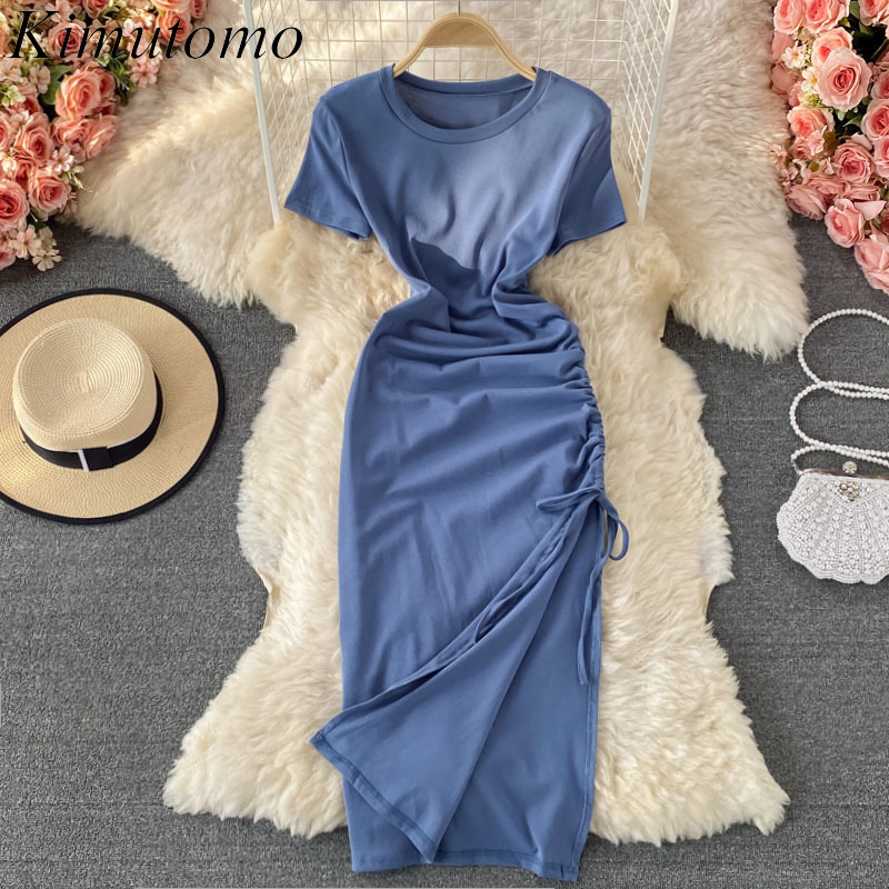Kimutomo Korean Chic Solid Dress Women Summer Elegance O Neck Short Sleeve Drawstring Side High Waist Split Vestidos Fashion 210521, Black 
Kimutomo Korean Chic Solid Dress Women Summer Elegance O Neck Short Sleeve Drawstring Side High Waist Split Vestidos Fashion 210521, Black