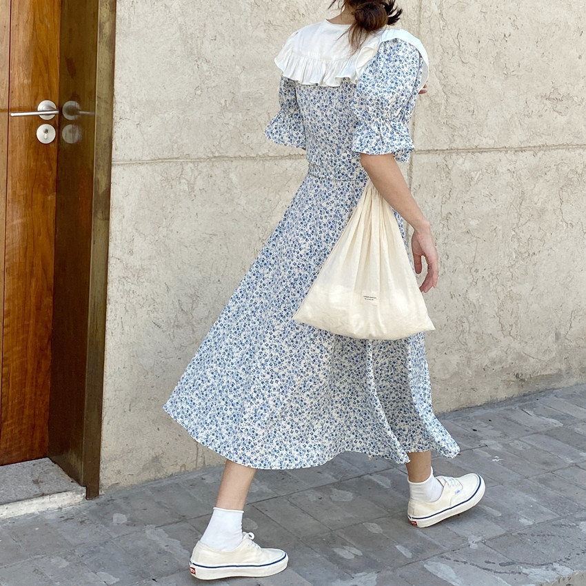 Korea Chic Big Turn Down Collar Long Sleeve Dress Vintage Women Elegant Flower Print High Waist Casual Slim Midi Dress Vestidos 210518