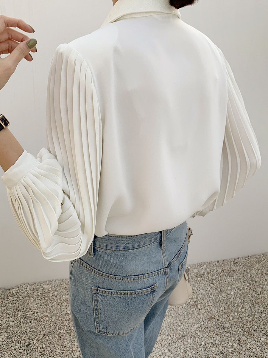 Nomikuma Korean Pleated Lantern Sleeve Blouse Shirt Causal Lace Patchwork Women Tops Elegant Turn-down Collar Blusas 6D661 210427