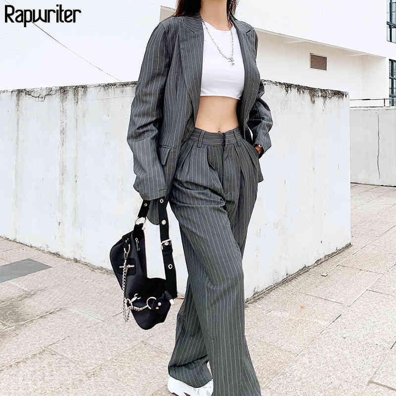 Rapwriter Streetwear Striped Blazer And Straight High Waist Suit Pant Two Piece Suit Set Women Outfits Trend Clothes Female 210331