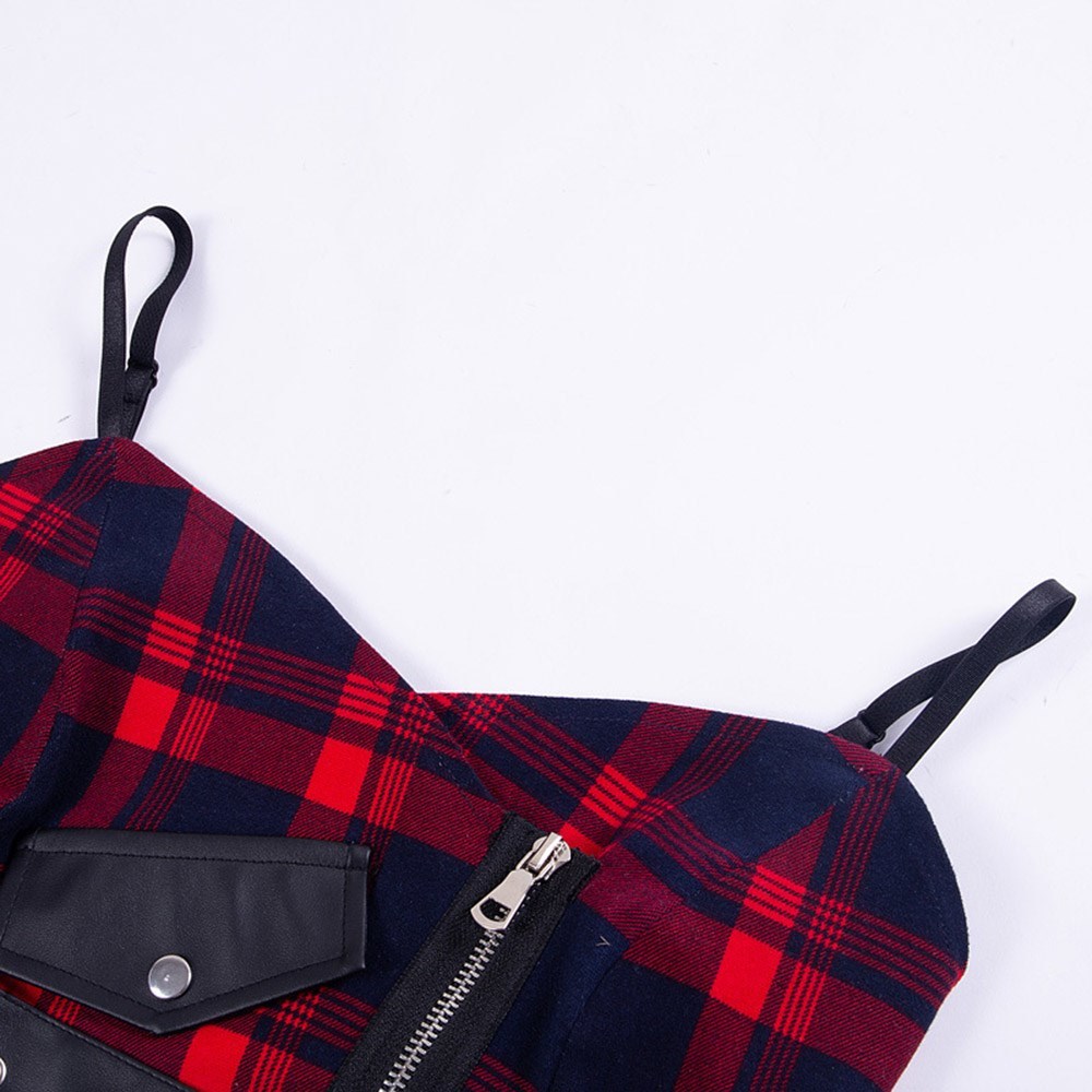 Rosetic Sexy Strap Tank Top Women Gothic Red Plaid Zipper Holes Pocket Streetwear Punk Girl Summer Casual Chic Crop Tops 210407