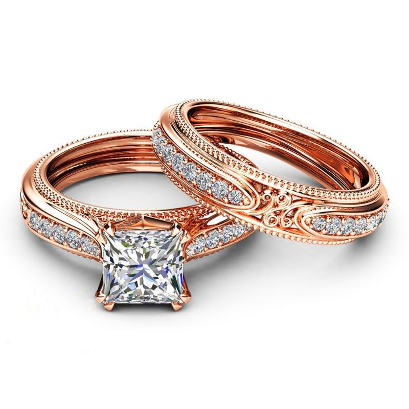 Luxury Female Crystal Zircon Wedding Ring Set 18KT Rose Gold Filled Fashion Jewelry Promise Engagement Rings For Women Band