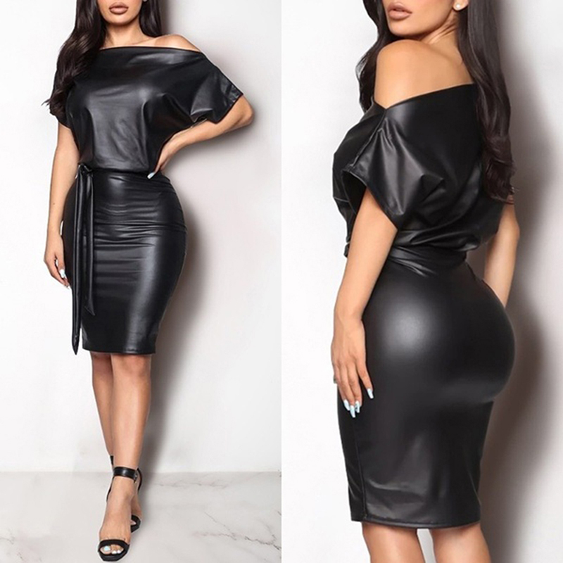 New Women PU Leather Mini Dress Sexy Black Crew Neck Wet Look Bodycon Bandage Party Club Mini Dress 210409