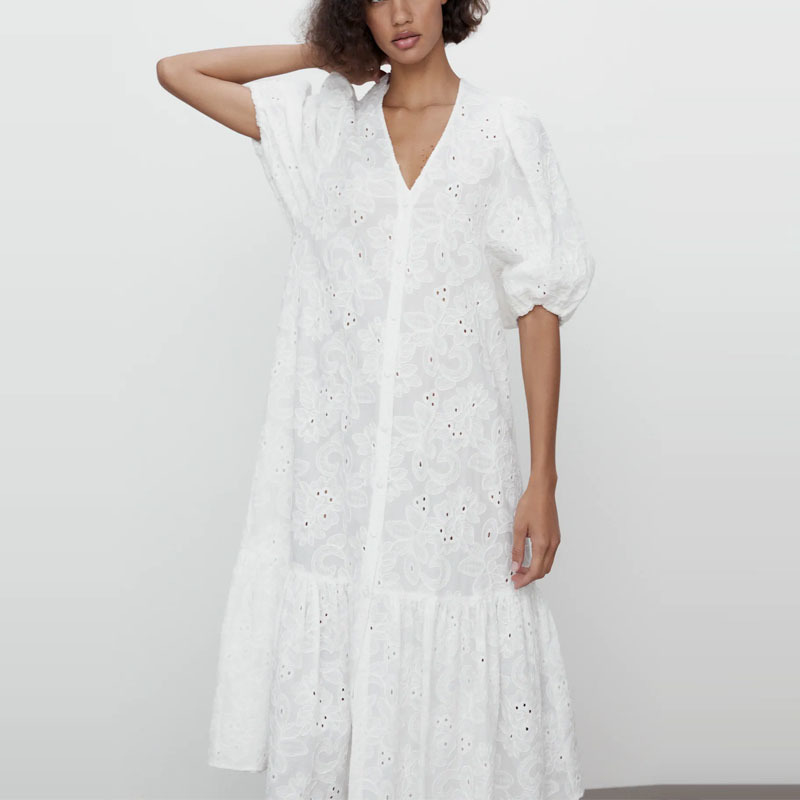 

White Openwork Embroidered Eyelet Midi Dress Women Puff Sleeve Ruffle Hem Party Dresses Female Cotton Summer Vestidos 210518