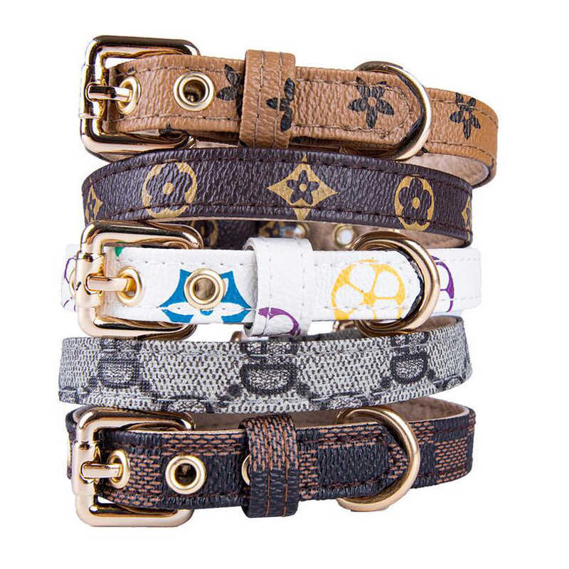 PU Leather Adjustable Designs Pet Collars Fashion Letters Print Old Wers Leashes For Cat Dog Necklace Durable Neck Decoration Accessory