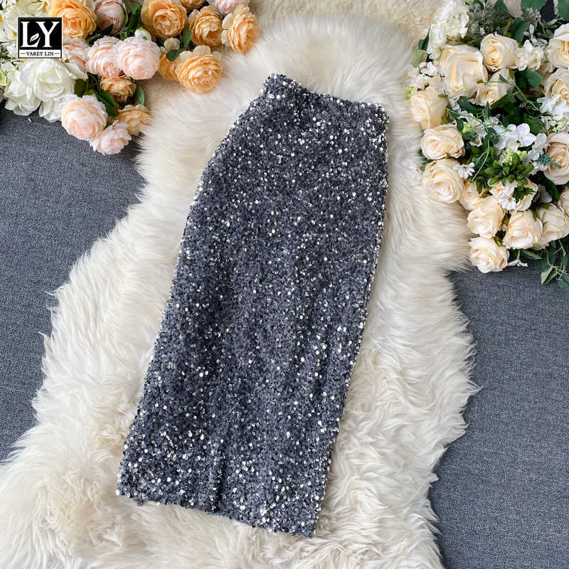 LY VAREY LIN Spring Women Sexy Sequins Pencil Skirts Elegant Mid Length Femme Trend High Waist Slim Shinny Skirt 210526