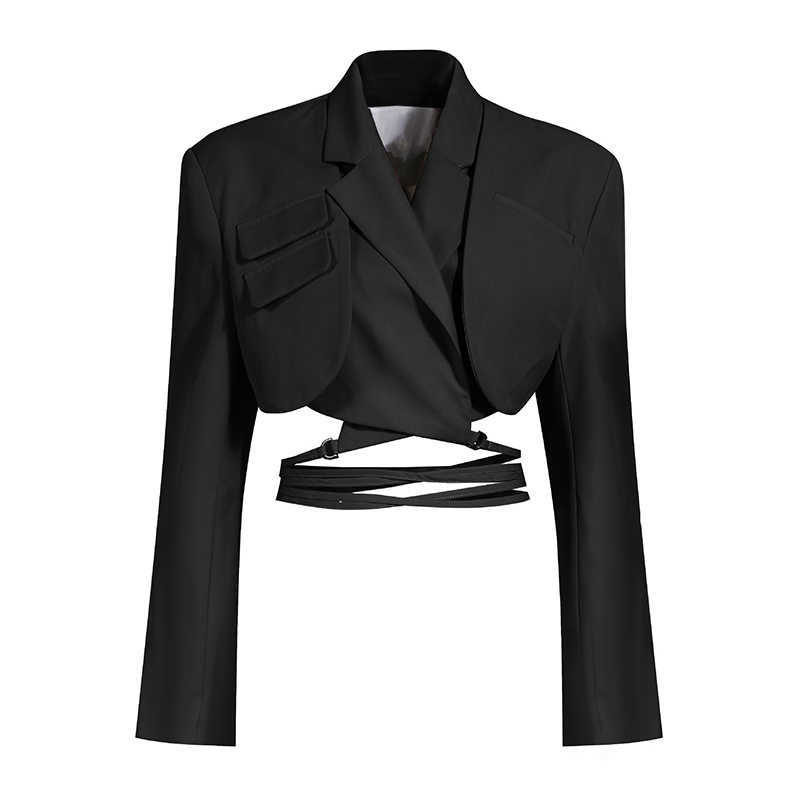 TWOTYLE Cross Short Black Blazer For Women Notched Long Sleeve Hollow Out Casual Blazers Female Fashion Clothing 210930