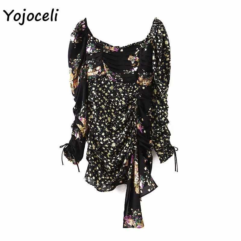 Yojoceli floral print puff sleeve dres party club irregular hem boho beach mini 210609