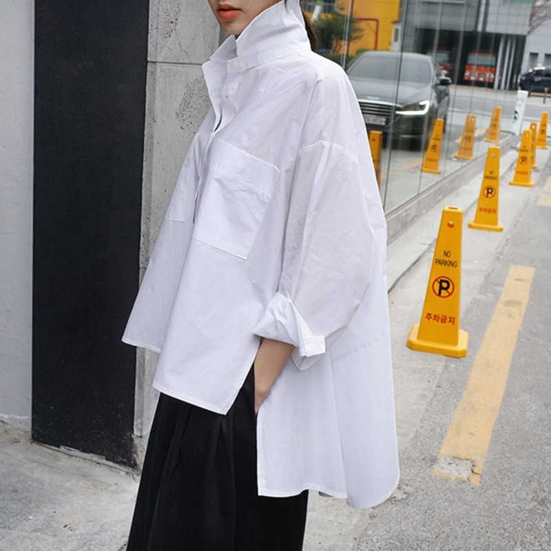 Spring Autumn Lapel Long Sleeve White Back Loose Big Size Irregular Shirt Women Blouse Fashion 210527