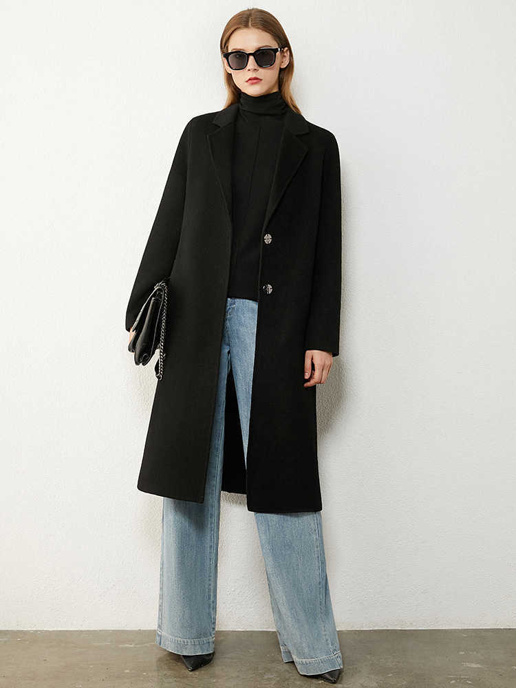 Minimalism Winter Coat Female 100%wool Fashion Solid Lapel Single-breasted Double-sided Woolen 12040651 210527