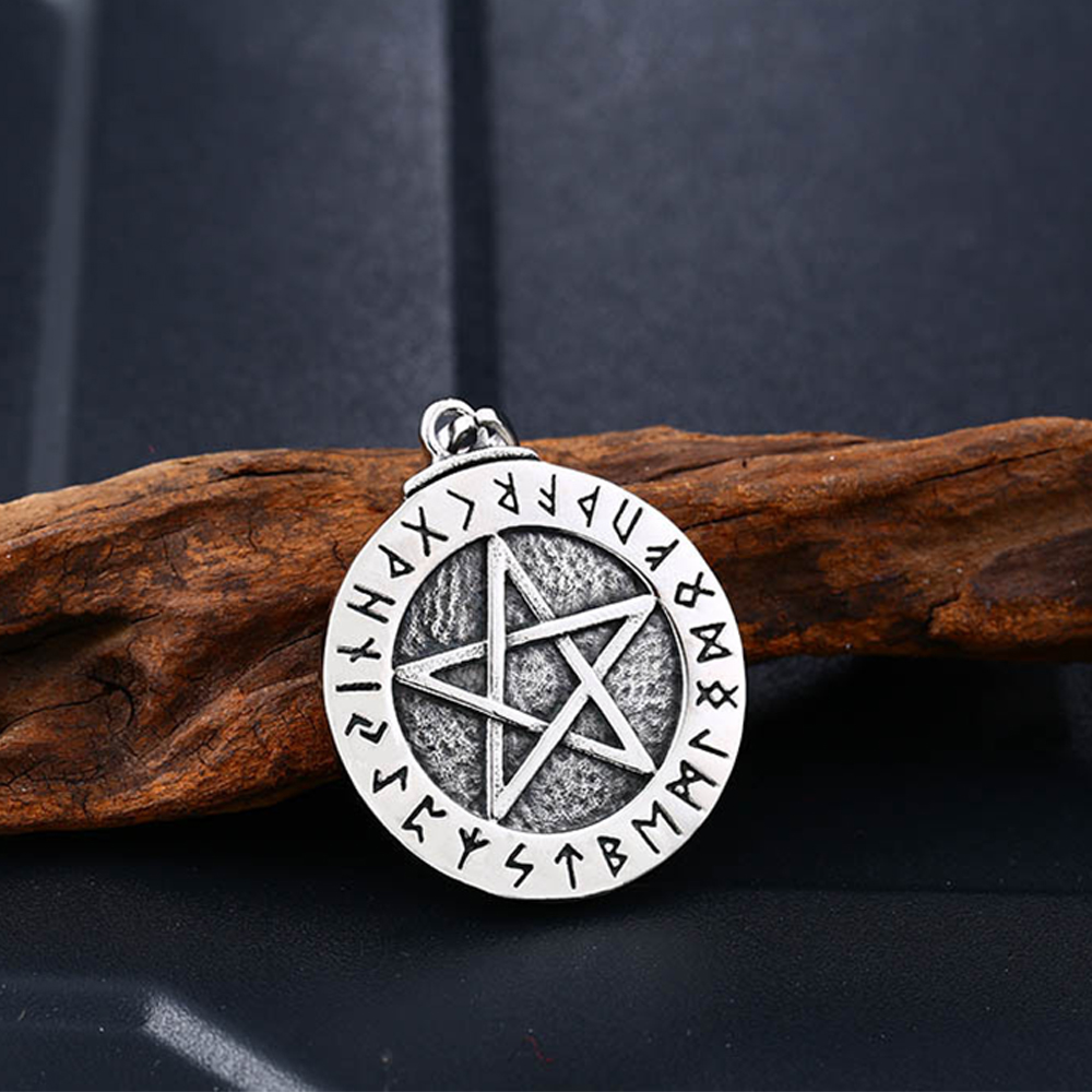Vintage Men's Stainless Steel Pendant Necklace Norse Viking Runes Pentacle Pentagram Of Protection Amulet Star Charm Ball Chain