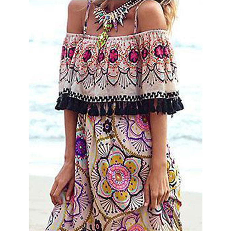 Women Dress Tassel Slash Neck Print Off Shoulder Dresses Plus Size Flowers Summer Beach 210524
