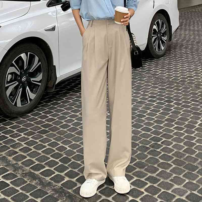 Retro Straight Wide Leg Pant Vintage Female Korean High Waist Casual Long Coffee White Beige Trousers 210510