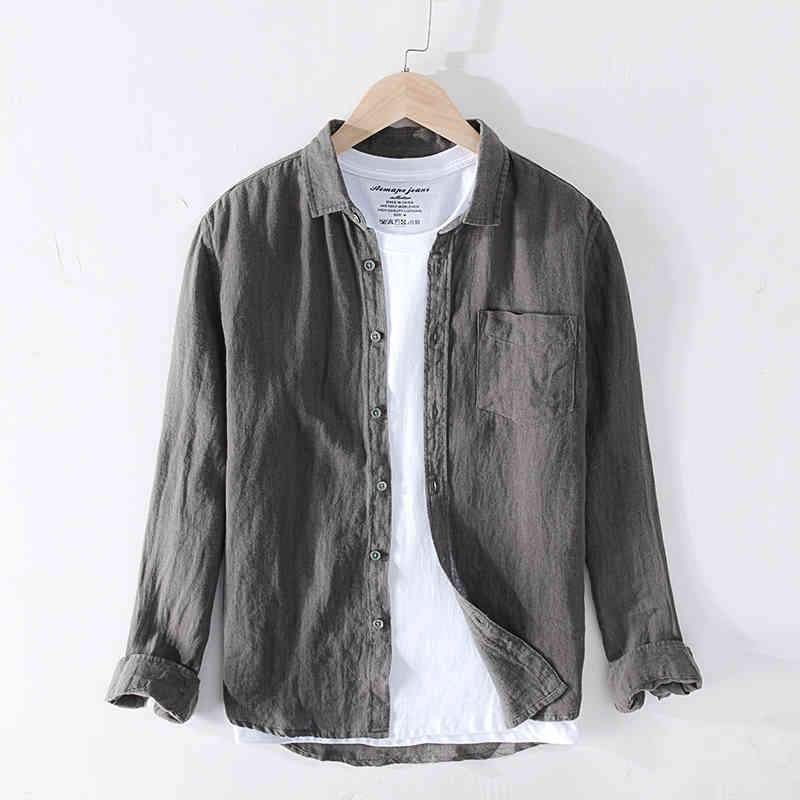 Pure Linen Shirts for Men Long Sleeve Casual Turn-down Collar Basic Classic Tops Male Fashion Solid Color Retro Clothing 210410