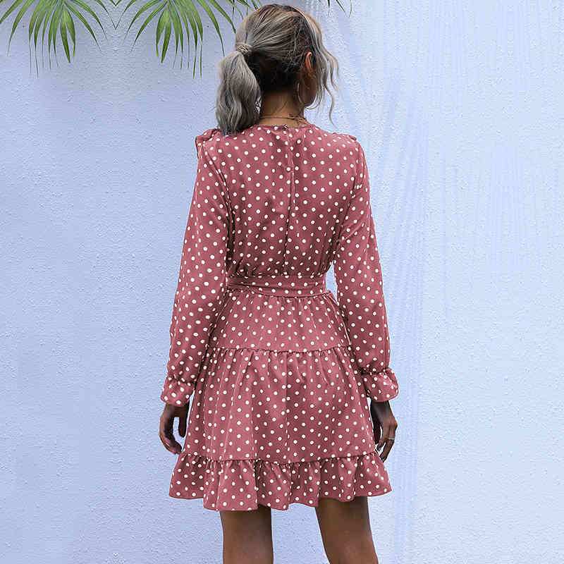 Vintage Dot Print Dress Women Casual O Neck High Waist Slim Ruffles Autumn Winter Dress For Women New Fashion 210415