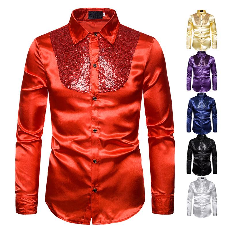 Men Top Stage Dance Men's Luxury Dress Shirt For Long Sleeve Silk Party Nightclub Prom Costume Casual Shirts